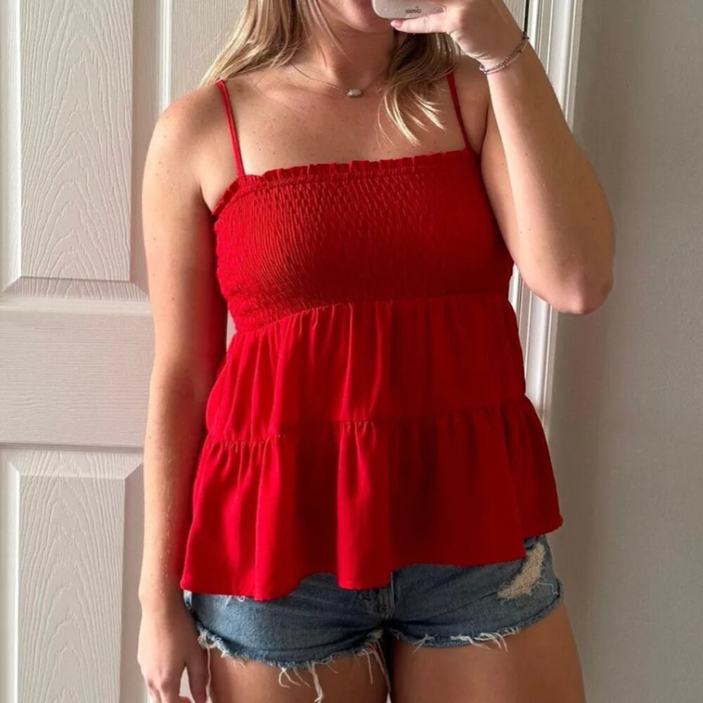 Junior Women's (S) Pink Babydoll Smocked Tank Top Shirt